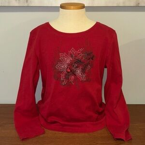 Red Long Sleeve Top with Cardinal & Floral Design